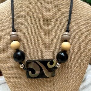 Black/beige beaded necklace, adjustable 20 - 23”